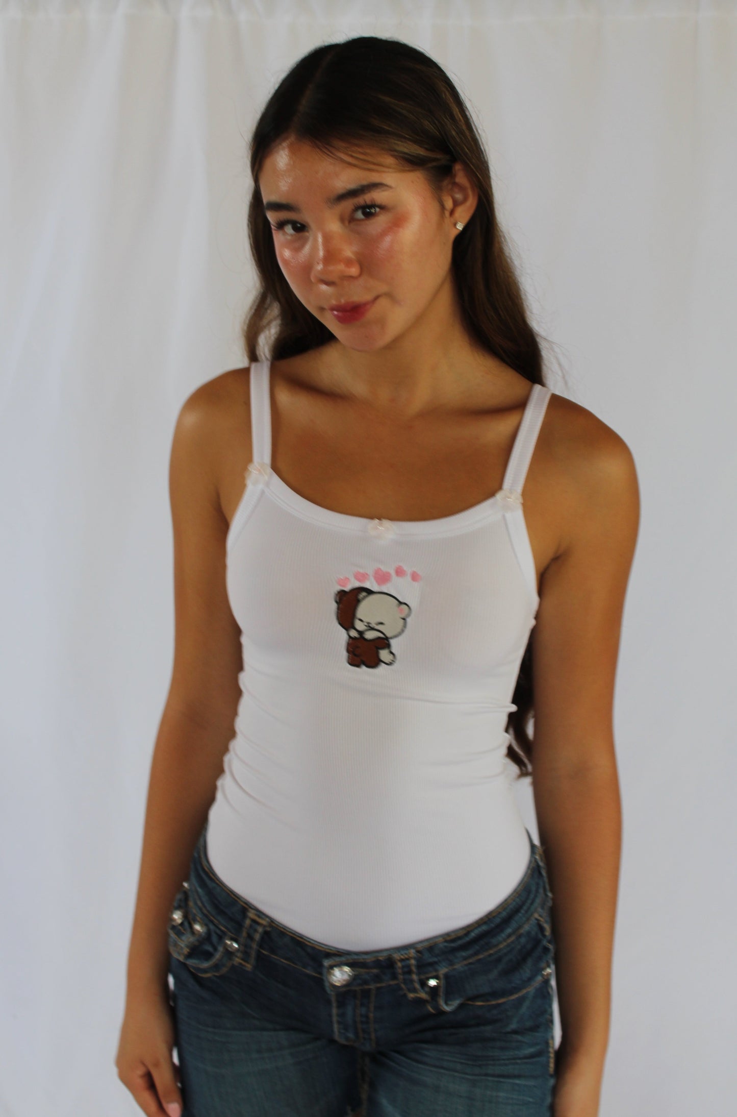 Cute Bear Couple Embroidered Tank Top | Adorable Brown and White Bear Friends Design, Kawaii Aesthetic for Women