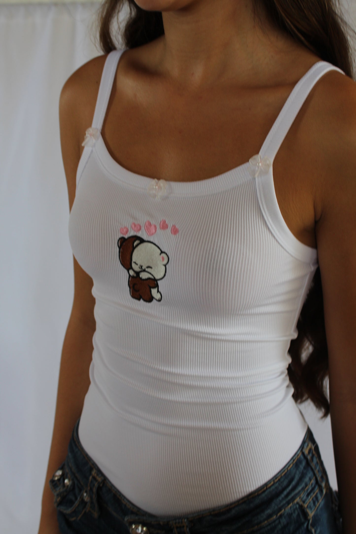 Cute Bear Couple Embroidered Tank Top | Adorable Brown and White Bear Friends Design, Kawaii Aesthetic for Women