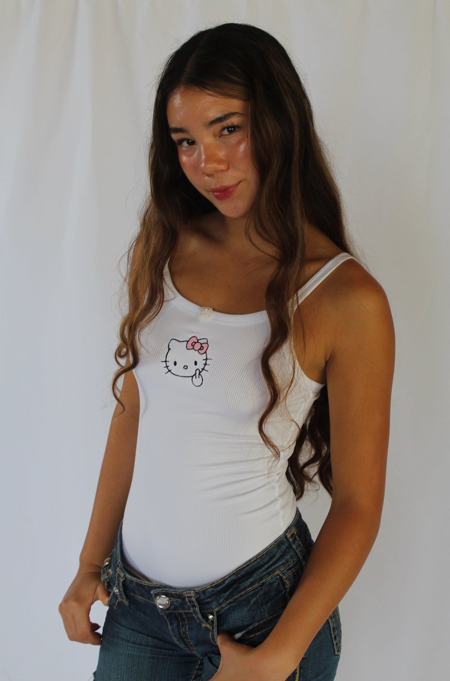 Middle Finger Hello Kitty Embroidered Tank Top | Sassy Cute Kitty Tee | Trendy Kawaii Graphic Tank | Edgy Streetwear